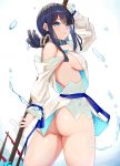  1girl absurdres ass back bangs bare_shoulders black_hair blue_eyes blue_ribbon blush breasts cromwellb dress fate/grand_order fate/requiem fate_(series) fundoshi highres japanese_clothes jewelry large_breasts long_sleeves looking_at_viewer looking_back magatama magatama_hair_ornament medium_hair multicolored_hair necklace pelvic_curtain pink_hair polearm puffy_long_sleeves puffy_sleeves ribbon short_dress sideboob sideless_outfit spear streaked_hair thighs utsumi_erise water weapon white_background white_dress 