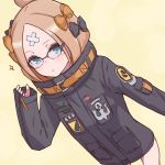  1girl abigail_williams_(fate/grand_order) absurdres bandaid bandaid_on_forehead bangs black_bow black_jacket blonde_hair blue_eyes bow breasts closed_mouth crossed_bandaids fate/grand_order fate_(series) forehead glasses hair_bow hair_bun heroic_spirit_traveling_outfit high_collar highres jacket kopaka_(karda_nui) long_hair long_sleeves multiple_bows orange_belt orange_bow parted_bangs sleeves_past_fingers sleeves_past_wrists small_breasts sparkle thighs 