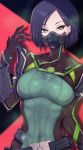  1girl belt black_hair bodysuit breasts covered_navel covered_nipples gas_mask green_eyes highres looking_at_viewer loose_belt mask medium_breasts mouth_mask rubewe short_hair solo valorant viper_(valorant) wet 