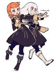  2girls annette_fantine_dominic artist_name bag blue_eyes blue_legwear boots closed_mouth do_m_kaeru fire_emblem fire_emblem:_three_houses garreg_mach_monastery_uniform handbag long_hair long_sleeves lysithea_von_ordelia multiple_girls open_mouth orange_hair pink_eyes simple_background twintails uniform white_background white_hair 