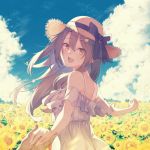  1girl :d bangs bare_shoulders black_bow blue_sky bow brown_eyes brown_hair brown_headwear cat_hair_ornament character_request clouds commentary_request day dress eyebrows_visible_through_hair field flower flower_field fujiwara_mizuki hair_between_eyes hair_ornament hairclip hat hat_bow holding_hands iriam long_hair looking_at_viewer looking_back off-shoulder_dress off_shoulder open_mouth outdoors sky smile solo_focus straw_hat summer sunflower upper_teeth very_long_hair virtual_youtuber white_dress yellow_flower 