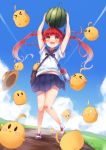  1girl ahoge arms_up azur_lane bandaid bandaid_on_knee bangs bird blue_skirt blue_sky blush canteen chick clouds collared_shirt commentary day dirt_road eyebrows_visible_through_hair floating_hair flying food fruit full_body gradient gradient_background grass hair_ribbon hat hat_removed headwear_removed highres holding honolulu_(azur_lane) irohasu manjuu_(azur_lane) open_mouth orange_eyes outdoors pleated_skirt redhead ribbon road sailor_collar school_uniform serafuku shirt shoes short_sleeves skirt sky smile standing standing_on_one_leg straw_hat symbol-shaped_pupils thighs twintails v-shaped_eyebrows watermelon white_shirt younger 