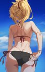  1girl ass back bikini black_bikini blonde_hair blue_sky bracelet braid clouds cowboy_shot day fate/apocrypha fate_(series) french_braid hair_ornament hair_scrunchie highres jewelry long_hair mordred_(fate) mordred_(fate)_(all) outdoors ponytail red_scrunchie scrunchie shoulder_blades sidelocks sky swimsuit thighs tonee 