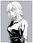  1girl arms_at_sides bangs braid braided_ponytail breasts chainsaw_man expressionless grey_background greyscale looking_to_the_side makima_(chainsaw_man) medium_breasts medium_hair monochrome ringed_eyes shirikon shirt simple_background solo upper_body 