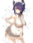 1girl alternate_costume apron blush breasts brown_eyes closed_mouth elbow_gloves eyebrows_visible_through_hair eyepatch gloves hair_over_one_eye hand_on_hip kantai_collection kotobuki_(momoko_factory) large_breasts looking_at_viewer maid maid_apron maid_headdress messy_hair purple_hair short_hair sleeveless solo tenryuu_(kantai_collection) thigh-highs twitter_username white_gloves white_legwear 