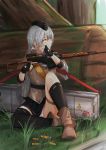  1girl absurdres belt black_gloves black_legwear black_skirt blood blood_on_face boots brown_eyes brown_footwear brown_jacket character_name dragunov_svd forest girls_frontline gloves grey_hair gun hat highres huge_filesize jacket long_hair looking_away military military_hat military_uniform nature panties pantyshot rifle serious silver_hair sitting sitting_on_lap sitting_on_person skirt sniper_rifle solo svd_(girls_frontline) svd_fun tape thigh-highs underwear uniform weapon weapon_case white_panties 