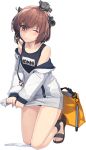  1girl bag brown_eyes brown_hair full_body headgear hood hoodie kantai_collection kneeling long_sleeves official_art one_eye_closed open_mouth sandals school_swimsuit shizuma_yoshinori short_hair smile solo speaking_tube_headset squeezing swimsuit swimsuit_under_clothes torpedo transparent_background white_hoodie yukikaze_(kantai_collection) 