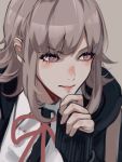  1girl bangs black_jacket blush brown_hair closed_mouth commentary_request dangan_ronpa eyebrows_visible_through_hair face grey_background hand_on_own_chin highres hood hood_down jacket long_sleeves looking_at_viewer nanami_chiaki neck_ribbon oone0206 pink_eyes pink_ribbon red_ribbon ribbon shirt simple_background sleeves_past_wrists solo super_dangan_ronpa_2 white_shirt 