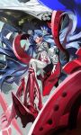  1girl absurdres armor blue_hair breastplate earrings floating gloves highres jewelry long_hair mecha naji_yanagida original pauldrons red_legwear see-through shoulder_armor signature solo torn_clothes twintails vambraces very_long_hair white_gloves yellow_eyes 