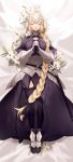  1girl absurdres armor armored_dress bangs blonde_hair braid breasts capelet chain closed_eyes closed_mouth dress fate/apocrypha fate/grand_order fate_(series) faulds flower gauntlets hands_together headpiece highres jeanne_d&#039;arc_(fate) jeanne_d&#039;arc_(fate)_(all) large_breasts lily_(flower) long_braid long_hair lying no-kan on_back plackart purple_dress single_braid thigh-highs very_long_hair 