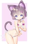  1girl absurdres animal_ear_fluff animal_ears bangs bare_arms bell black_hair blue_eyes bow cat_ears cat_tail choker closed_mouth cowboy_shot eyebrows_visible_through_hair highres jingle_bell looking_at_viewer navel original poppypilf purple_bow short_hair solo swimsuit tail white_choker white_swimsuit 