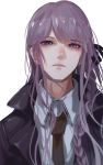  1girl absurdres bangs black_jacket black_ribbon braid closed_mouth collared_shirt commentary_request dangan_ronpa dangan_ronpa_1 earrings expressionless eyebrows_visible_through_hair hair_ribbon highres jacket jewelry kirigiri_kyouko long_hair looking_at_viewer necktie oone0206 open_clothes purple_hair ribbon shirt simple_background single_braid solo upper_body violet_eyes white_background white_shirt 