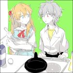  0930erina 1boy 1girl bangs belt black_pants blue_eyes collar cooking eyebrows_visible_through_hair green_background grey_hair hair_between_eyes hair_ornament hairclip indoors long_hair looking_at_another lowres nagisa_kaworu neck_ribbon neon_genesis_evangelion open_mouth orange_hair pants red_eyes red_ribbon ribbon school_uniform shirt short_hair souryuu_asuka_langley white_collar white_shirt yellow_shirt 