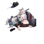  1girl alternate_costume animal_ears back bangs barefoot belt black_footwear black_pants blue_eyes braid breasts closed_mouth damaged decorations eyebrows_visible_through_hair feet footwear_removed from_behind full_body girls_frontline grey_hair gun hair_between_eyes hair_ornament hat holding ksvk_(girls_frontline) ksvk_12.7 lips long_hair looking_at_viewer looking_back official_art pandea_work pants rifle scope shirt shoes shoes_removed silver_hair sitting sleeves_rolled_up sniper_rifle solo torn_clothes torn_hat torn_shirt transparent_background weapon white_shirt 