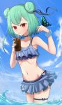  1girl animal animal_on_hand aqua_nails armpits bare_arms bare_shoulders bendy_straw bikini blue_bikini blue_bow blue_sky blush bow bug butterfly butterfly_on_hand closed_mouth clouds commentary_request cup day double_bun drink drinking_glass drinking_straw glint green_hair hair_bow hands_up highres holding holding_cup hololive ice ice_cube insect nail_polish navel outdoors red_eyes short_hair sky smile solo standing sunlight swimsuit uneg uruha_rushia wading water 