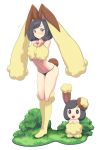  1girl :&lt; animal_ears bangs black_hair black_panties blush buneary buneary_(cosplay) chibi chibi_inset clenched_hands closed_mouth commentary_request cosplay eyelashes full_body gen_4_pokemon grass hands_together highres kneehighs looking_at_viewer lopunny lopunny_(cosplay) medium_hair mizuki_(pokemon) mk_(mikka) navel panties pokemon pokemon_(game) pokemon_sm rabbit_ears standing swept_bangs underwear violet_eyes white_background 