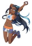  1girl armlet armpits arms_up belly_chain black_hair blue_eyes blue_hair commentary_request dark_skin earrings full_body gloves gym_leader hair_bun highres holding holding_poke_ball hoop_earrings jewelry long_hair looking_at_viewer multicolored_hair navel necklace piroshiki123 poke_ball poke_ball_(generic) pokemon pokemon_(game) pokemon_swsh rurina_(pokemon) sandals simple_background single_glove solo swimsuit tankini two-tone_hair white_background 