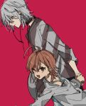  1boy 1girl accelerator age_difference ahoge black_choker blush brown_eyes brown_hair choker earphones earphones eyes_visible_through_hair grey_hair holding holding_hands ihako last_order looking_down open_mouth parted_lips red_background red_eyes short_hair simple_background smile to_aru_majutsu_no_index 