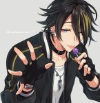  1boy akebono_ryo argonavis_from_bang_dream! bang_dream! black_hair blonde_hair blue_eyes candy choker english_text fingerless_gloves food gloves grey_background highres jacket jewelry licking lollipop male_focus multicolored_hair necklace piercing saigi simple_background solo streaked_hair tongue tongue_out 