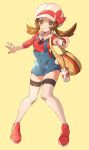  1girl ankea_(a-ramo-do) blue_shorts bow brown_eyes brown_hair closed_mouth collarbone floating_hair full_body hair_bow hat highres holding holding_poke_ball kotone_(pokemon) long_hair outstretched_arm poke_ball pokemon pokemon_(game) pokemon_hgss red_bow red_footwear red_shirt shiny shiny_hair shirt short_shorts shorts simple_background smile solo standing suspender_shorts suspenders thigh-highs white_headwear white_legwear yellow_background 