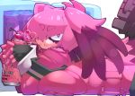  1girl bird bird_tail bodystocking breast_pocket breast_press breasts eyebrows_visible_through_hair head_wings impossible_clothes impossible_shirt kemono_friends large_breasts legs_up long_sleeves looking_at_viewer lying minifridge monster_energy nananana_nanana on_stomach pink_eyes pink_hair pocket shirt shoebill shoebill_(kemono_friends) short_over_long_sleeves short_sleeves smile solo the_pose 