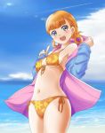  1girl annette_fantine_dominic beach bikini blue_eyes blush cowboy_shot cute fire_emblem fire_emblem:_three_houses fire_emblem:_three_houses fire_emblem_16 fire_emblem_heroes floral_print hoodie intelligent_systems long_hair looking_at_viewer navel nintendo ocean open_mouth orange_bikini orange_hair outdoors parted_lips rise_(if_dimi) sky smile solo summer swimsuit twintails upper_teeth 