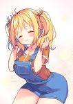  1boy absurdres asa_no_ha blonde_hair blush breasts closed_eyes denim denim_dress dress highres long_hair orange_shirt original overall_skirt overalls shirt short_dress shorts smile solo thighs twintails 