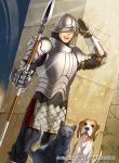  1boy armor cat dog fire_emblem fire_emblem:_three_houses fire_emblem_cipher gatekeeper_(fire_emblem) gloves helmet kita_senri official_art open_mouth polearm solo spear sun teeth tongue tongue_out weapon 