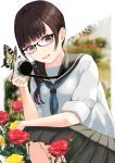  1girl bangs black-framed_eyewear black_skirt braid brown_hair bug butterfly camera day flower glasses hami_(hami-gerden) highres insect long_hair looking_at_viewer original outdoors school_uniform serafuku shirt skirt squatting uniform white_shirt 