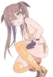  1girl bangs bare_shoulders bikini black_gloves black_ribbon blade_(galaxist) blush breasts brown_hair copyright_request eyebrows_visible_through_hair fang fur-trimmed_gloves fur_trim gloves green_eyes hair_between_eyes hair_ribbon long_hair looking_at_viewer medium_breasts open_mouth orange_bikini orange_footwear orange_legwear ribbon shoes side-tie_bikini simple_background sneakers solo squatting swimsuit thigh-highs twintails white_background 