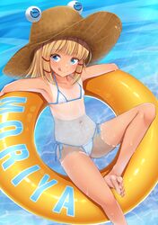  1girl bad_feet bare_arms bare_shoulders barefoot bikini blonde_hair blue_eyes brown_headwear flat_chest highres innertube licking_lips looking_at_viewer lying micro_bikini moriya_suwako one-piece_tan paburisiyasu side-tie_bikini smile solo swimsuit tan tanline tongue tongue_out touhou white_bikini 