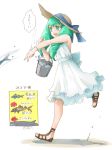  1girl alternate_costume bucket dress fire_emblem fire_emblem:_three_houses fish flayn_(fire_emblem) from_side full_body green_eyes green_hair hair_ornament hat long_hair open_mouth robaco simple_background sleeveless sleeveless_dress solo straw_hat throwing white_background white_dress 