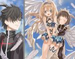  1boy 2girls :o angel angel_wings bangs bare_shoulders blonde_hair blue_eyes blue_sky blurry blush breasts brown_hair character_request closed_eyes closed_mouth covering covering_crotch depth_of_field dress embarrassed eyebrows_visible_through_hair falling_feathers feathered_wings feathers flying hair_between_eyes hairband hug hug_from_behind koiseyo_tenteki. layered_dress lifting_person long_hair long_sleeves looking_at_another looking_at_viewer maid maid_dress maid_headdress medium_breasts multiple_girls multiple_views novel_illustration official_art open_mouth shino_(eefy) short_dress short_hair sidelocks single_thighhigh single_wing sky sleeveless sleeveless_dress sweatdrop textless thigh-highs thighs upskirt white_feathers white_wings wings 