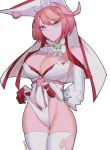 1girl ahoge animal_ears bad_source bare_shoulders breasts bridal_veil elphelt_valentine gloves green_eyes guilty_gear guilty_gear_xrd highres kyou_(ningiou) large_breasts leotard looking_at_viewer pink_hair rabbit_ears shiny shiny_hair shiny_skin short_hair smile solo thigh-highs veil wedgie