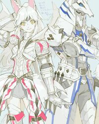  1boy 1girl animal_ears armor ass_visible_through_thighs character_request drawr full_armor gauntlets helm helmet long_hair monster_girl monster_hunter nishihara_isao ponytail short_shorts shorts shoulder_armor sidelocks tail thigh-highs translation_request white_skin yellow_eyes 