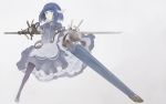  1girl armor blue_eyes blue_hair borrowed_character closed_mouth cross dress frilled_dress frills gauntlets ghost gradient gradient_background highres holding holding_sword holding_weapon medium_hair original solo sword ukuel vambraces weapon yunar 