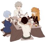  0930erina 2boys 2girls ayanami_rei black_hair black_shirt blue_eyes blue_hair blue_shirt blue_skirt collar grey_hair hair_ornament hairclip ikari_shinji kotatsu long_hair multiple_boys multiple_girls nagisa_kaworu neon_genesis_evangelion orange_hair red_eyes seiza shirt short_hair simple_background sitting skirt souryuu_asuka_langley table white_background white_collar white_shirt 