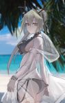  1girl antlers arknights ass bangs bare_shoulders beach bikini blue_sky blurry blurry_background breasts clouds commentary_request cowboy_shot day firewatch_(arknights) grey_bikini grey_eyes grey_hair grey_ribbon hair_between_eyes hair_ribbon highres jacket long_hair long_sleeves looking_at_viewer medium_breasts ocean off_shoulder outdoors parted_lips partial_commentary raw_egg_lent ribbon see-through sky solo standing swimsuit very_long_hair water 
