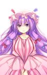  1girl bow breasts dress hands_together hat long_hair mob_cap patchouli_knowledge pink_dress pink_headwear pink_robe purple_hair ribbon robe simple_background smile solo striped striped_dress touhou upper_body usume_shirou v_arms vertical-striped_dress vertical_stripes violet_eyes white_background 