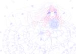  1girl :d bangs blue_eyes blue_flower blue_rose blush bouquet bow bridal_veil brown_hair commentary_request dress eyebrows_visible_through_hair flower frilled_dress frills hands_up himetsuki_luna holding holding_bouquet layered_dress long_hair looking_at_viewer open_mouth original petals pleated_dress rose see-through simple_background smile solo veil very_long_hair wedding_dress white_background white_bow white_dress 
