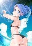  alternate_hairstyle artist_name ass bangs bikini black_bikini blonde_hair blue_eyes blue_hair blue_sky blush breasts clouds cloudy_sky gradient_hair hair_up kantai_collection light_rays looking_at_viewer looking_back multicolored_hair ocean palm_tree samidare_(kantai_collection) sidelocks sky small_breasts sun swept_bangs swimsuit tree yokoshima_(euphoria) 