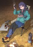  1girl bonfire bottle brown_eyes chair clip_studio_paint_(medium) commentary fire folding_chair folding_table food frying_pan glasses grass hand_in_pocket highres jacket kobu_ride long_hair looking_at_viewer older oogaki_chiaki outdoors pants portable_stove purple_hair scarf sitting solo steam yurucamp 