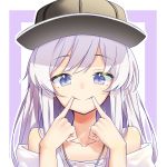  1girl absurdres azur_lane bangs bare_shoulders blue_eyes closed_mouth enterprise_(azur_lane) eyebrows_visible_through_hair fingersmile glasses grey_headwear hat highres long_hair looking_at_viewer poppypilf portrait sidelocks smile solo white_hair 