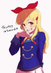  1girl aikatsu! aikatsu!_(series) blonde_hair blood blood_from_mouth bow fang hair_bow highres hoshimiya_ichigo long_sleeves osame pleated_skirt red_bow red_eyes red_neckwear simple_background skirt starlight_academy_uniform teeth uniform wiping_mouth 