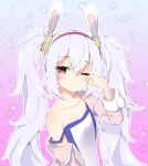  1girl absurdres animal_ears azur_lane bangs blush brown_eyes camisole closed_mouth collarbone commentary_request eyebrows_visible_through_hair hair_between_eyes hair_ornament hairband hand_up highres jacket laffey_(azur_lane) long_hair long_sleeves looking_at_viewer off_shoulder open_clothes open_jacket outline pink_jacket poppypilf rabbit_ears red_hairband rubbing_eyes sidelocks silver_hair solo strap_slip twintails upper_body very_long_hair white_camisole white_outline 
