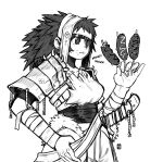  1girl 7bun_junbun absurdres armor bandaged_arm bandages belt check_copyright copyright_request corndog eating fingernails food food_on_face fur_trim greyscale hair_between_eyes hatching_(texture) highres holding holding_food long_hair monochrome monster_hunter parted_lips pauldrons sheath sheathed shoulder_armor signature simple_background solo sword weapon white_background 