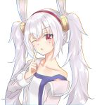  1girl absurdres animal_ears azur_lane bangs chromatic_aberration eyebrows_visible_through_hair fake_animal_ears finger_to_mouth highres jacket laffey_(azur_lane) long_hair long_sleeves looking_at_viewer off_shoulder one_eye_closed open_clothes open_jacket pink_jacket poppypilf rabbit_ears red_eyes silver_hair simple_background solo strap_slip twintails upper_body white_background 