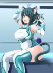 1girl :d animal_ear_fluff animal_ears bangs bare_shoulders blush bodysuit cat_ears cat_tail covered_navel detached_sleeves eyebrows_visible_through_hair gloves green_hair leotard medium_hair milk_(tonpuu) open_mouth original ponytail shiny shiny_clothes sidelocks sitting skin_tight smile solo tail tareme thigh-highs thighs tonpuu white_gloves yellow_eyes 