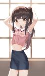  1girl adjusting_hair arms_up black_skirt brown_eyes brown_hair hair_tie highres long_hair midriff mouth_hold name_tag navel original pink_shirt ponytail shirt short_sleeves skirt smile solo tying_hair uniform window 