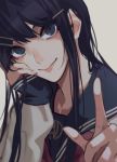  1girl bangs black_eyes black_hair blurry closed_mouth commentary_request dangan_ronpa dangan_ronpa_1 depth_of_field eyebrows_visible_through_hair eyelashes grey_background hair_ornament hairclip hand_on_own_cheek hand_on_own_face highres long_hair long_sleeves looking_at_viewer maizono_sayaka oone0206 sailor_collar school_uniform serafuku simple_background smile solo upper_body 